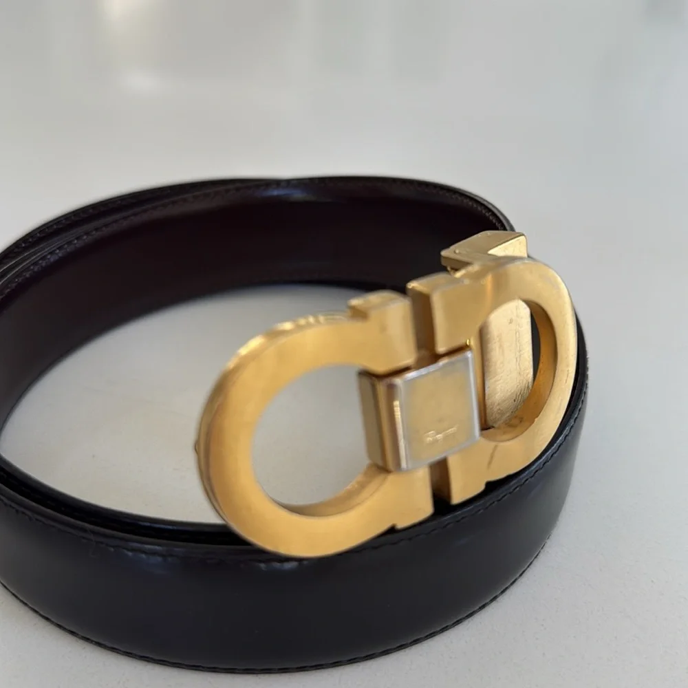Salvatore Ferragamo Gold Dark Brown Leather Gancini Belt size 40”